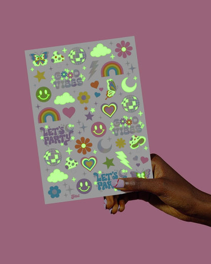 xo, Fetti Groovy Disco Glow in Dark + Foil Temporary Tattoos - 82 pc | Flower Power Birthday Party Supplies, Rave Bachelorette Party Favors, Smiley Decorations, Y2K, Rainbow Arts and Crafts