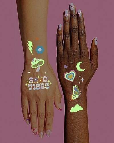 xo, Fetti Groovy Disco Glow in Dark + Foil Temporary Tattoos - 82 pc | Flower Power Birthday Party Supplies, Rave Bachelorette Party Favors, Smiley Decorations, Y2K, Rainbow Arts and Crafts