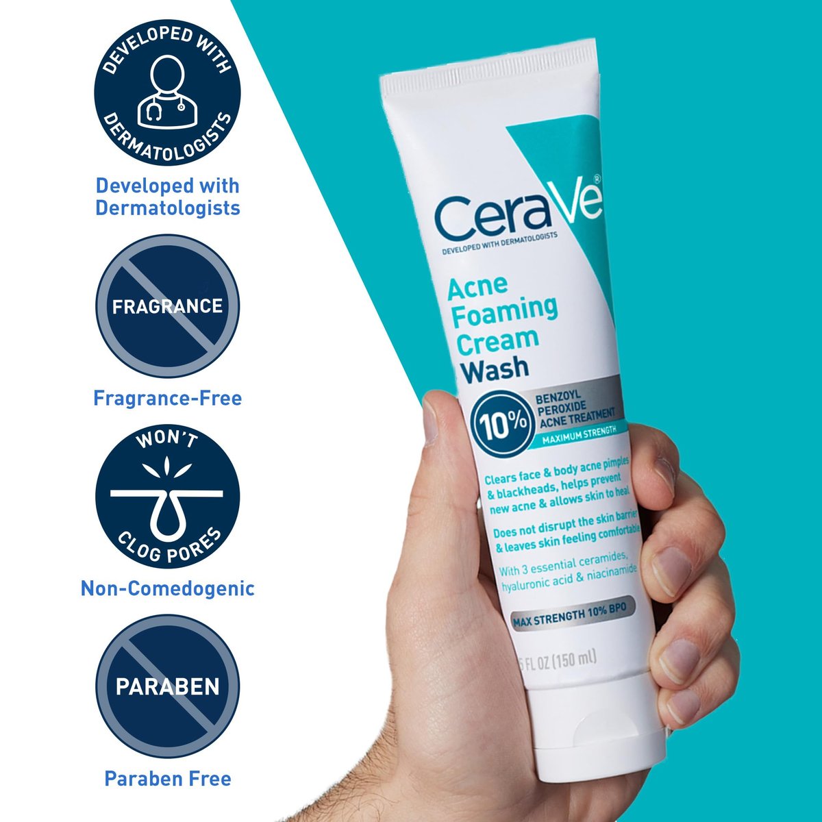 CeraVe Acne Foaming Cream Wash with 10% Benzoyl Peroxide - Gentle Face and Body Cleanser for Acne-Prone Skin, 5 Oz Avelisse