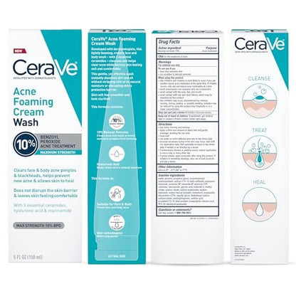 CeraVe Acne Foaming Cream Wash with 10% Benzoyl Peroxide - Gentle Face and Body Cleanser for Acne-Prone Skin, 5 Oz Avelisse