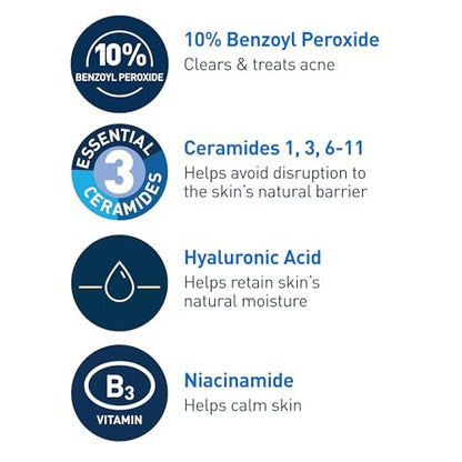CeraVe Acne Foaming Cream Wash with 10% Benzoyl Peroxide - Gentle Face and Body Cleanser for Acne-Prone Skin, 5 Oz Avelisse