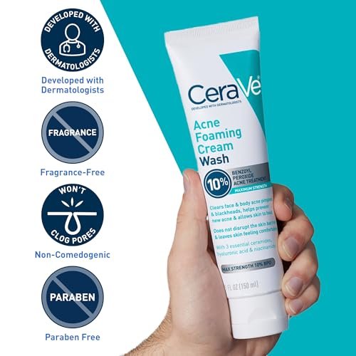 CeraVe Acne Foaming Cream Wash with 10% Benzoyl Peroxide - Gentle Face and Body Cleanser for Acne-Prone Skin, 5 Oz Avelisse