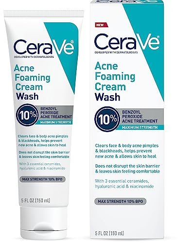 CeraVe Acne Foaming Cream Wash with 10% Benzoyl Peroxide - Gentle Face and Body Cleanser for Acne-Prone Skin, 5 Oz Avelisse