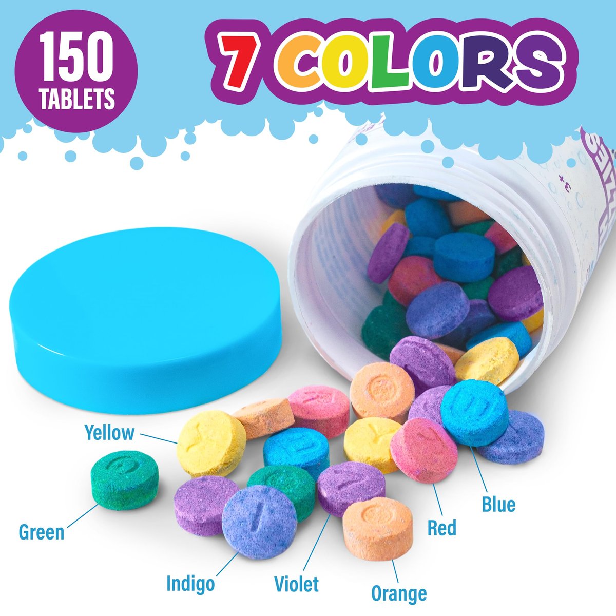 Tub Works Bath Color Fizzies, 150 Count | Nontoxic & Fragrance-Free Fizzy Color Tablets for Kids | 7 Vibrant Colors | Bath Bombs for Fun Bathtime Avelisse