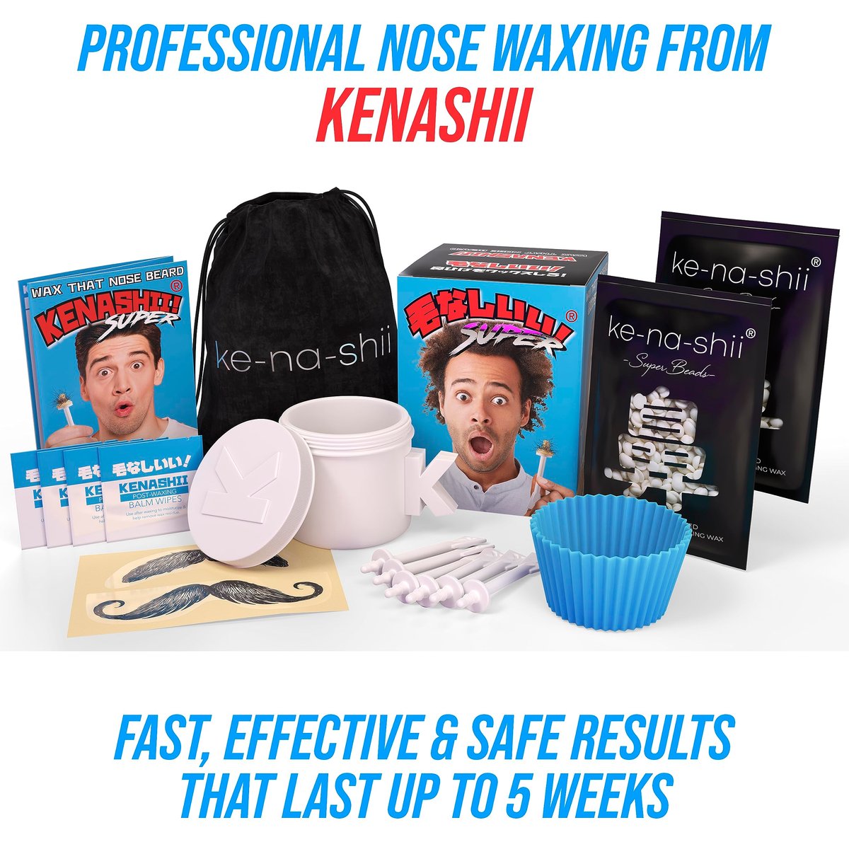 Kenashii Super Nose Waxing Kit - 100g Wax, 24 Applicators, No Microwave Required, Ear Hair Removal, for Men and Women, 12 Balm Wipes, Mustache Guards, Storage Bag Avelisse