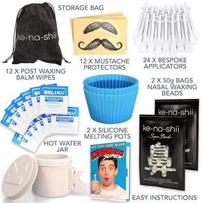 Kenashii Super Nose Waxing Kit - 100g Wax, 24 Applicators, No Microwave Required, Ear Hair Removal, for Men and Women, 12 Balm Wipes, Mustache Guards, Storage Bag Avelisse
