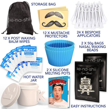 Kenashii Super Nose Waxing Kit - 100g Wax, 24 Applicators, No Microwave Required, Ear Hair Removal, for Men and Women, 12 Balm Wipes, Mustache Guards, Storage Bag Avelisse