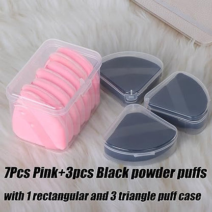 Ocim 10-Pack Velour Triangle Powder Puffs for Face Powder, Makeup Setting & Baking - Black & Pink with Case
