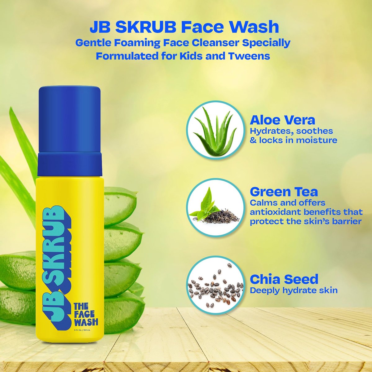 JB SKRUB The Face Wash - Gentle Facial Cleanser for Kids, Tween and Teen Boys - Fragrance-Free Foaming Face Wash with Aloe Vera & Chia Seed for Sensitive Skin - 5 Fl. Oz Avelisse