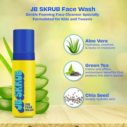 JB SKRUB The Face Wash - Gentle Facial Cleanser for Kids, Tween and Teen Boys - Fragrance-Free Foaming Face Wash with Aloe Vera & Chia Seed for Sensitive Skin - 5 Fl. Oz Avelisse