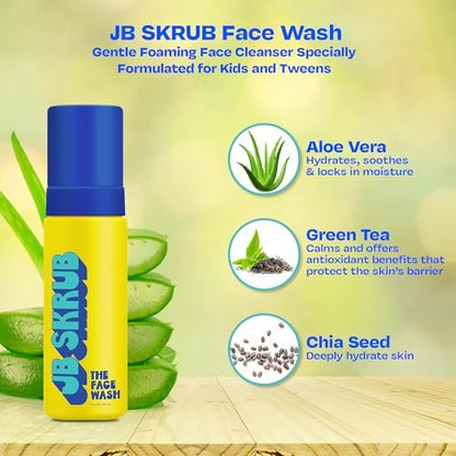 JB SKRUB The Face Wash - Gentle Facial Cleanser for Kids, Tween and Teen Boys - Fragrance-Free Foaming Face Wash with Aloe Vera & Chia Seed for Sensitive Skin - 5 Fl. Oz Avelisse