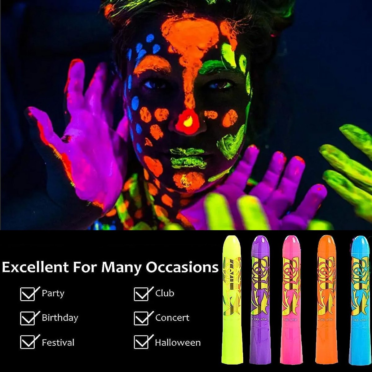 12-Piece Glow Blacklight Face & Body Paint Sticks – Neon UV Reactive Makeup Kit for Halloween & Glow Parties - görsel 9
