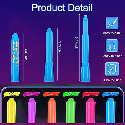 12-Piece Glow Blacklight Face & Body Paint Sticks – Neon UV Reactive Makeup Kit for Halloween & Glow Parties