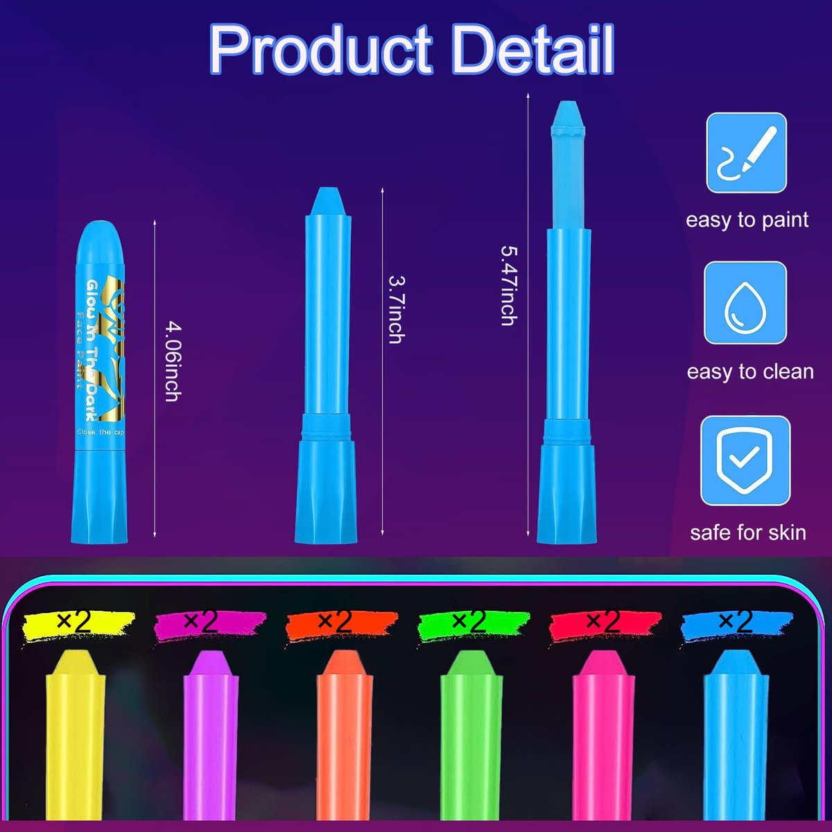 12-Piece Glow Blacklight Face & Body Paint Sticks – Neon UV Reactive Makeup Kit for Halloween & Glow Parties - görsel 5