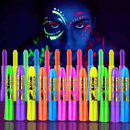 12-Piece Glow Blacklight Face & Body Paint Sticks – Neon UV Reactive Makeup Kit for Halloween & Glow Parties