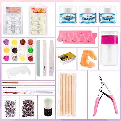 L-Bulice Acrylic Nail Kit for Beginners with Everything Professional - 12 Glitter Powder Acrylic Set, Nail Care Art Design Tip Brush Clipper File Supplies, DIY Tool