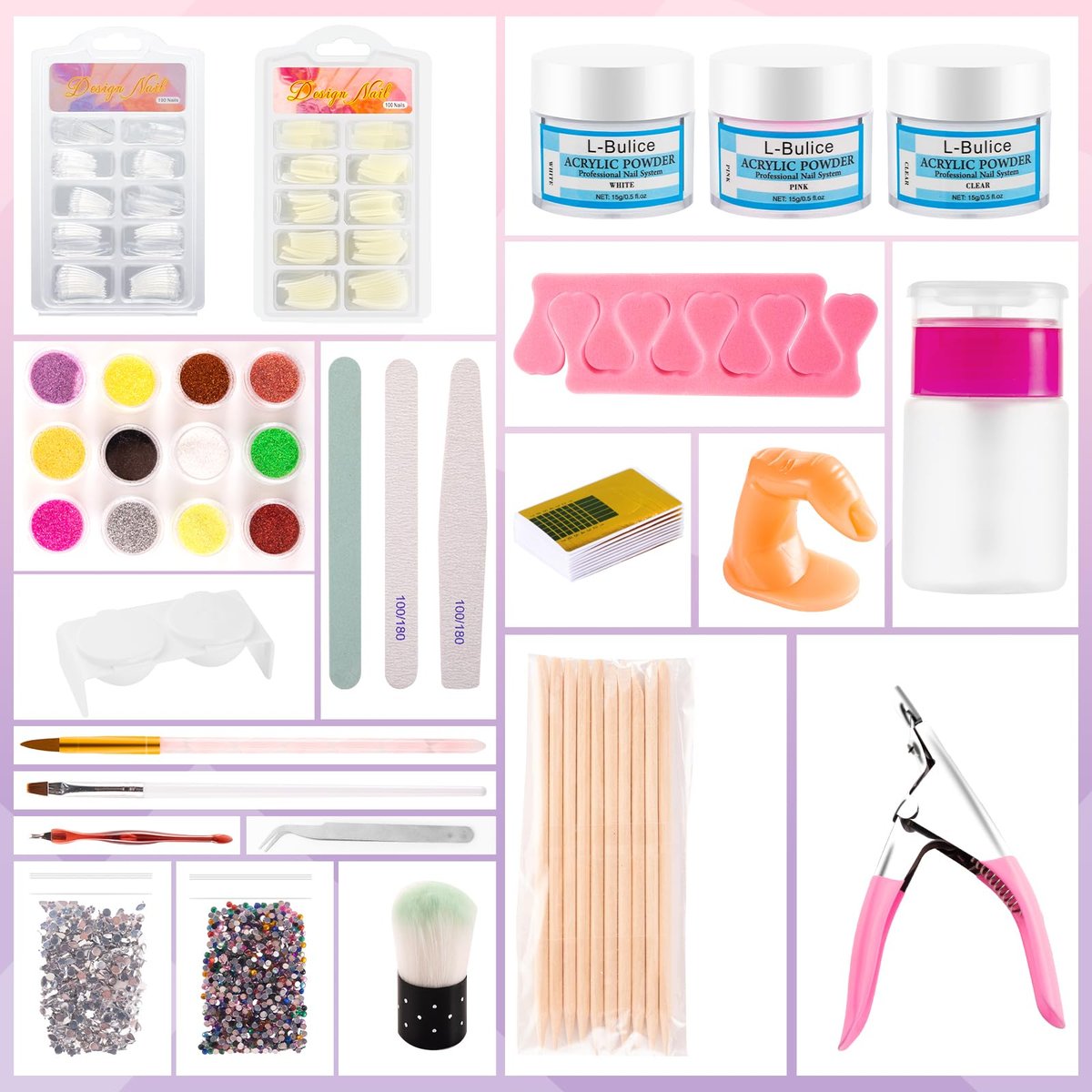 L-Bulice Acrylic Nail Kit for Beginners with Everything Professional - 12 Glitter Powder Acrylic Set, Nail Care Art Design Tip Brush Clipper File Supplies, DIY Tool - görsel 6