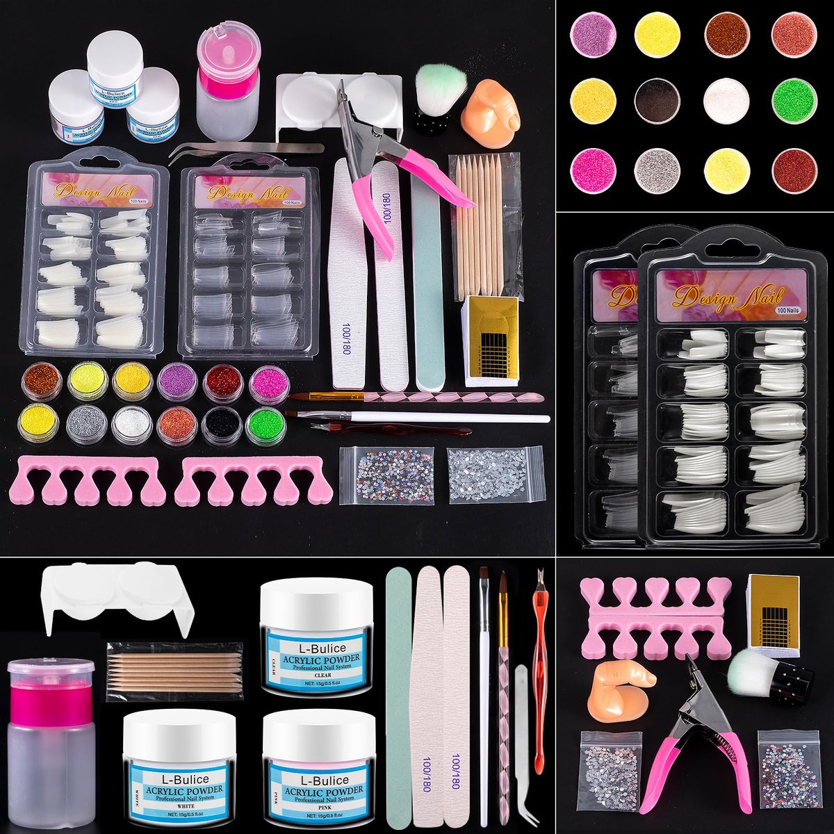 L-Bulice Acrylic Nail Kit for Beginners with Everything Professional - 12 Glitter Powder Acrylic Set, Nail Care Art Design Tip Brush Clipper File Supplies, DIY Tool - görsel 2