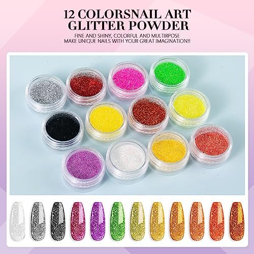L-Bulice Acrylic Nail Kit for Beginners with Everything Professional - 12 Glitter Powder Acrylic Set, Nail Care Art Design Tip Brush Clipper File Supplies, DIY Tool - görsel 3