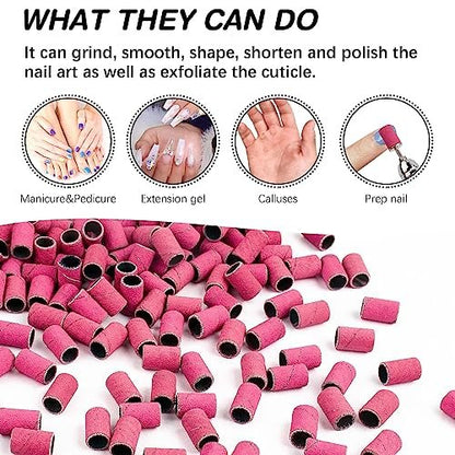Rolybag 240 Grit Extreme Fine Sanding Bands for Nail Drill – 200-Pack Pink Professional Nail Sanding Bands with 2 Drill Bits for Manicure & Pedicure