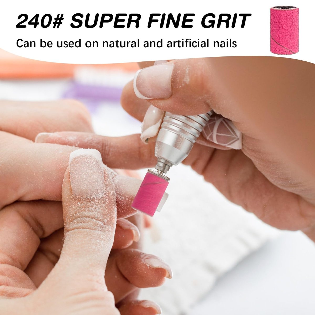 Rolybag 240 Grit Extreme Fine Sanding Bands for Nail Drill – 200-Pack Pink Professional Nail Sanding Bands with 2 Drill Bits for Manicure & Pedicure - görsel 3