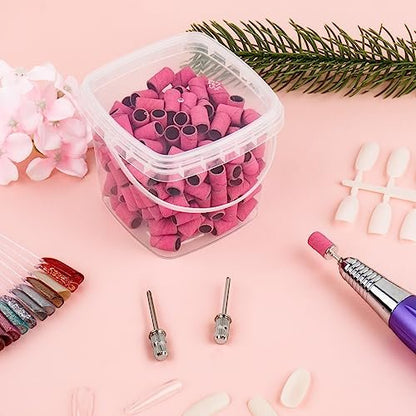 Rolybag 240 Grit Extreme Fine Sanding Bands for Nail Drill – 200-Pack Pink Professional Nail Sanding Bands with 2 Drill Bits for Manicure & Pedicure
