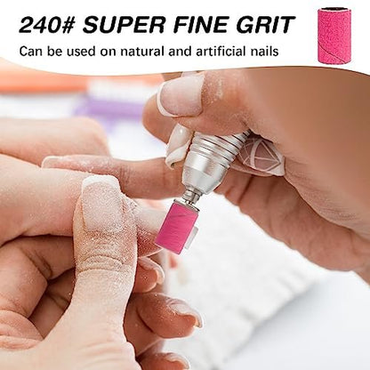 Rolybag 240 Grit Extreme Fine Sanding Bands for Nail Drill – 200-Pack Pink Professional Nail Sanding Bands with 2 Drill Bits for Manicure & Pedicure