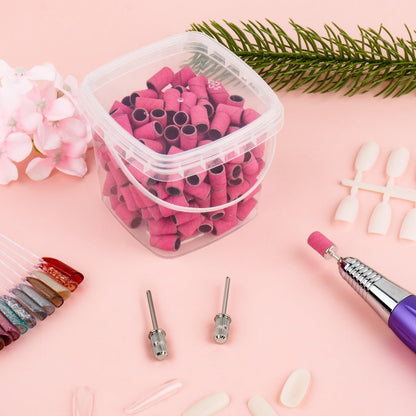 Rolybag 240 Grit Extreme Fine Sanding Bands for Nail Drill – 200-Pack Pink Professional Nail Sanding Bands with 2 Drill Bits for Manicure & Pedicure