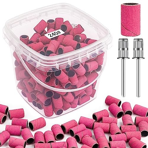 Rolybag 240 Grit Extreme Fine Sanding Bands for Nail Drill – 200-Pack Pink Professional Nail Sanding Bands with 2 Drill Bits for Manicure & Pedicure - görsel 2