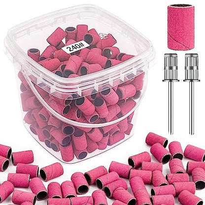 Rolybag 240 Grit Extreme Fine Sanding Bands for Nail Drill – 200-Pack Pink Professional Nail Sanding Bands with 2 Drill Bits for Manicure & Pedicure