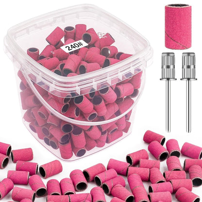 Rolybag 240 Grit Extreme Fine Sanding Bands for Nail Drill – 200-Pack Pink Professional Nail Sanding Bands with 2 Drill Bits for Manicure & Pedicure