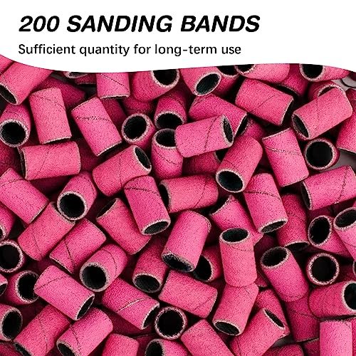 Rolybag 240 Grit Extreme Fine Sanding Bands for Nail Drill – 200-Pack Pink Professional Nail Sanding Bands with 2 Drill Bits for Manicure & Pedicure - görsel 6