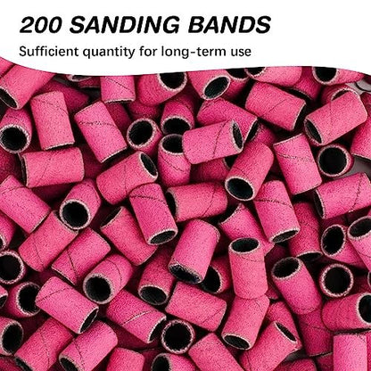 Rolybag 240 Grit Extreme Fine Sanding Bands for Nail Drill – 200-Pack Pink Professional Nail Sanding Bands with 2 Drill Bits for Manicure & Pedicure
