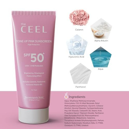 The Ceel Pink Tone Up Sunscreen SPF 50+ with Hyaluronic Acid - Brightening, Glowing & Moisturizing Facial Primer for All Skin Types, 50ml