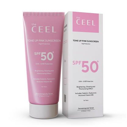 The Ceel Pink Tone Up Sunscreen SPF 50+ with Hyaluronic Acid - Brightening, Glowing & Moisturizing Facial Primer for All Skin Types, 50ml