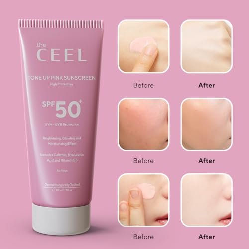 The Ceel Pink Tone Up Sunscreen SPF 50+ with Hyaluronic Acid - Brightening, Glowing & Moisturizing Facial Primer for All Skin Types, 50ml - görsel 8
