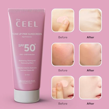 The Ceel Pink Tone Up Sunscreen SPF 50+ with Hyaluronic Acid - Brightening, Glowing & Moisturizing Facial Primer for All Skin Types, 50ml