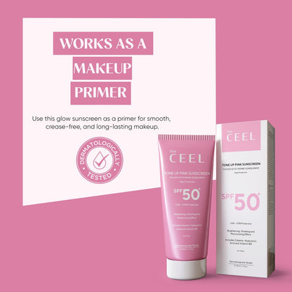 The Ceel Pink Tone Up Sunscreen SPF 50+ with Hyaluronic Acid - Brightening, Glowing & Moisturizing Facial Primer for All Skin Types, 50ml