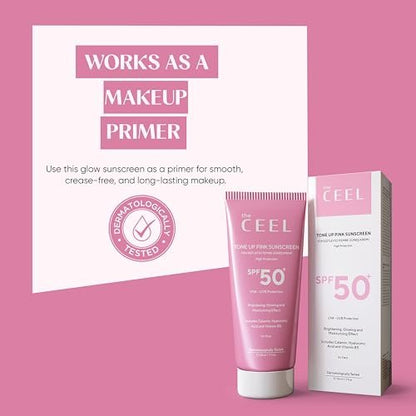 The Ceel Pink Tone Up Sunscreen SPF 50+ with Hyaluronic Acid - Brightening, Glowing & Moisturizing Facial Primer for All Skin Types, 50ml