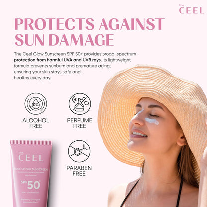 The Ceel Pink Tone Up Sunscreen SPF 50+ with Hyaluronic Acid - Brightening, Glowing & Moisturizing Facial Primer for All Skin Types, 50ml