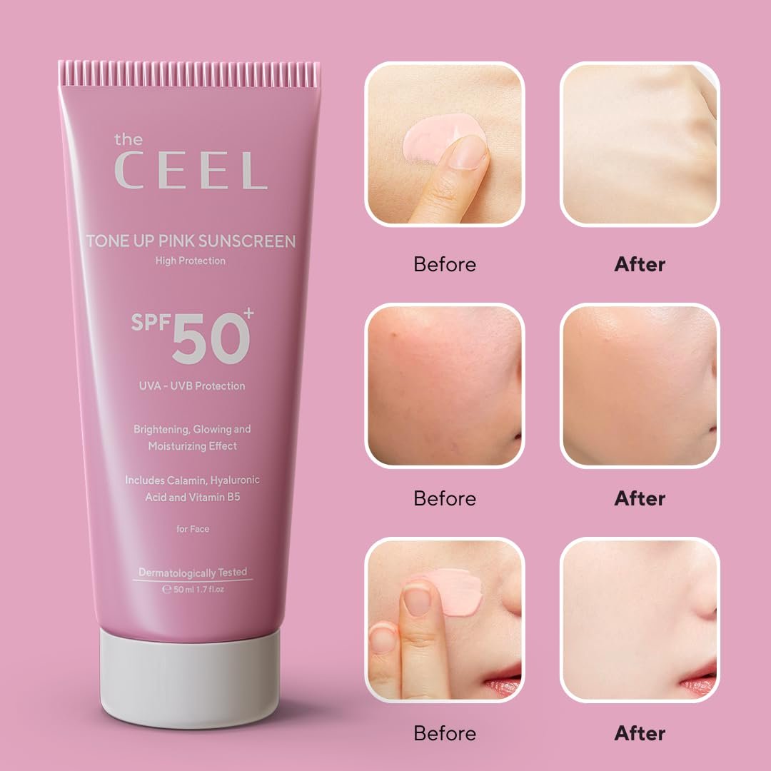 The Ceel Pink Tone Up Sunscreen SPF 50+ with Hyaluronic Acid - Brightening, Glowing & Moisturizing Facial Primer for All Skin Types, 50ml - görsel 7