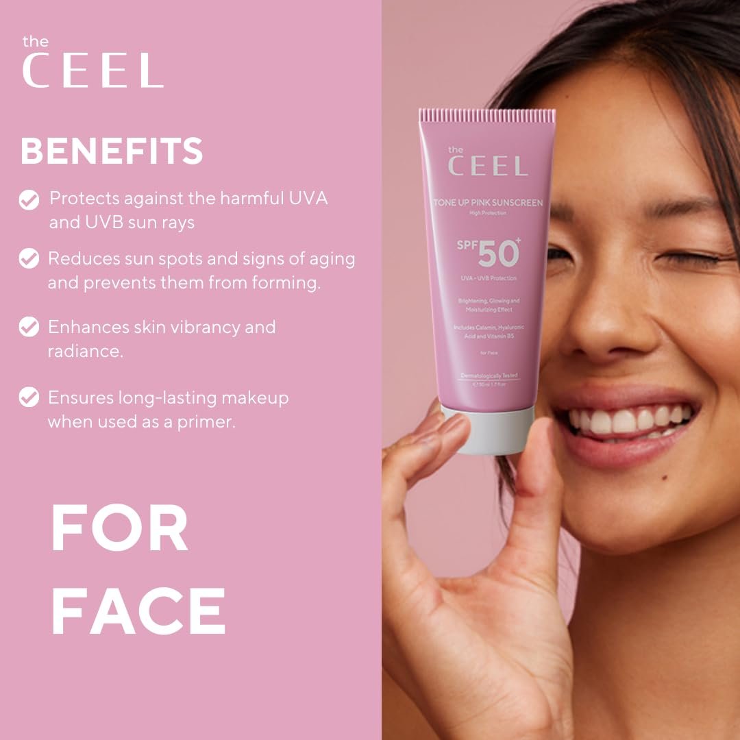 The Ceel Pink Tone Up Sunscreen SPF 50+ with Hyaluronic Acid - Brightening, Glowing & Moisturizing Facial Primer for All Skin Types, 50ml - görsel 3