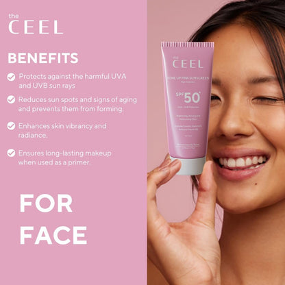 The Ceel Pink Tone Up Sunscreen SPF 50+ with Hyaluronic Acid - Brightening, Glowing & Moisturizing Facial Primer for All Skin Types, 50ml