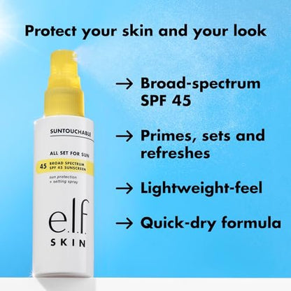 e.l.f. SKIN All Set For Sun SPF 45 Setting Spray - Clear Makeup Setting Mist with Sunscreen, Weightless SPF Face Protection & Makeup-Locking Spray, Vegan & Cruelty-Free Avelisse