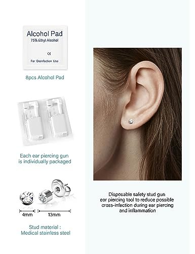 Yiorxu 8 Pack Ear Piercing Kit Disposable - Painless Piercing Gun with Surgical Stainless Steel 4mm CZ Studs, At-Home Self-Piercing Kit for Women, Men, Girls, Boys Avelisse