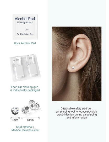 Yiorxu 8 Pack Ear Piercing Kit Disposable - Painless Piercing Gun with Surgical Stainless Steel 4mm CZ Studs, At-Home Self-Piercing Kit for Women, Men, Girls, Boys Avelisse