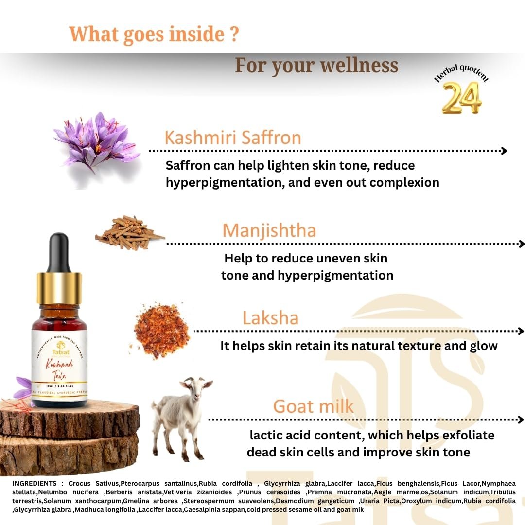 TATSAT Kumkumadi Oil for Glowing, Spotless & Wrinkle-Free Skin - Authentic Ayurvedic Face Oil with Organic Saffron, Anti-Aging & Moisturizing Taila, 10ml - görsel 5
