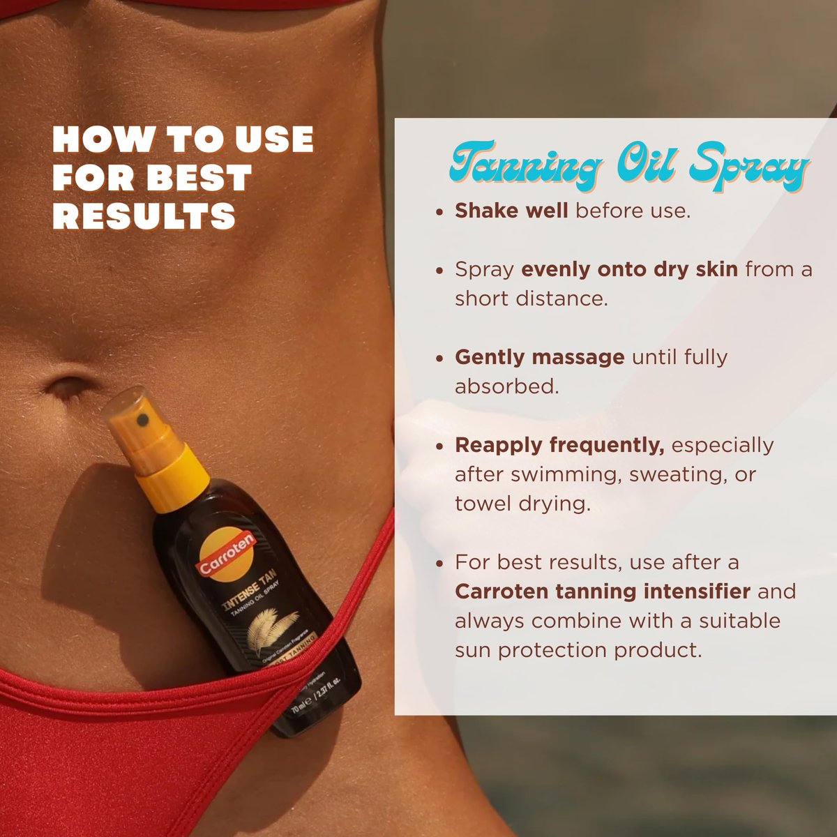 Carroten Intensive Tanning Oil Spray | Travel Size Browning Tan Accelerator | Carrot & Coconut Oils with Vitamin A & E for Silky Hydration | Water Resistant | TSA Approved | Made in Greece | 2.3 oz Avelisse