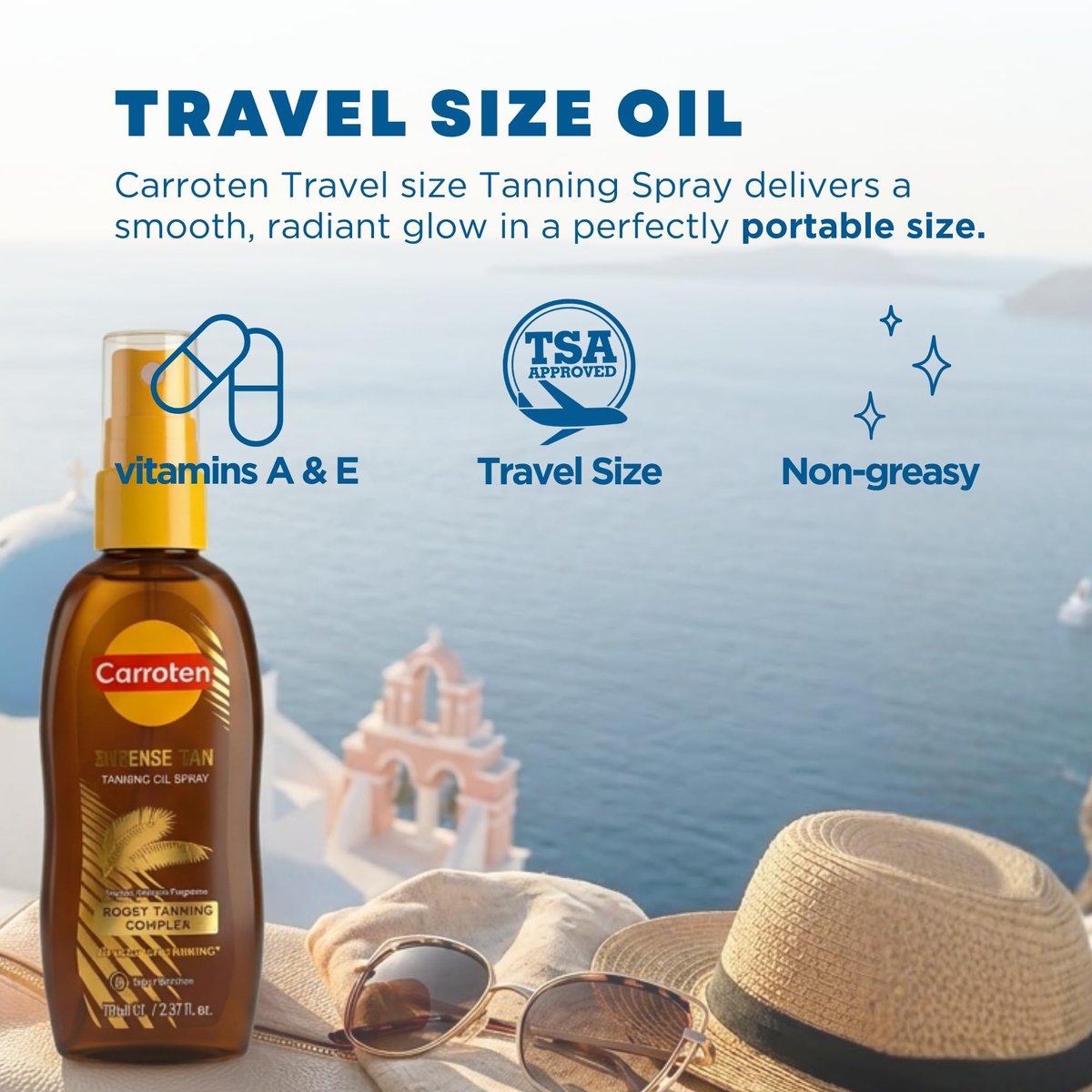 Carroten Intensive Tanning Oil Spray | Travel Size Browning Tan Accelerator | Carrot & Coconut Oils with Vitamin A & E for Silky Hydration | Water Resistant | TSA Approved | Made in Greece | 2.3 oz Avelisse