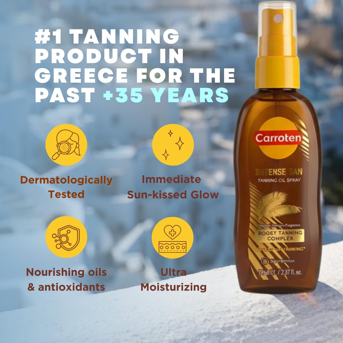 Carroten Intensive Tanning Oil Spray | Travel Size Browning Tan Accelerator | Carrot & Coconut Oils with Vitamin A & E for Silky Hydration | Water Resistant | TSA Approved | Made in Greece | 2.3 oz Avelisse